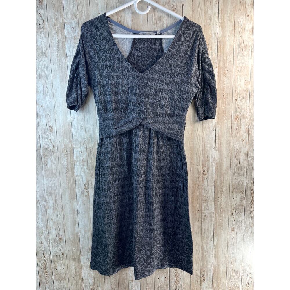 Athleta Dress Womens M Black Gray Herringbone Half Ruched Sleeve Twist Waist